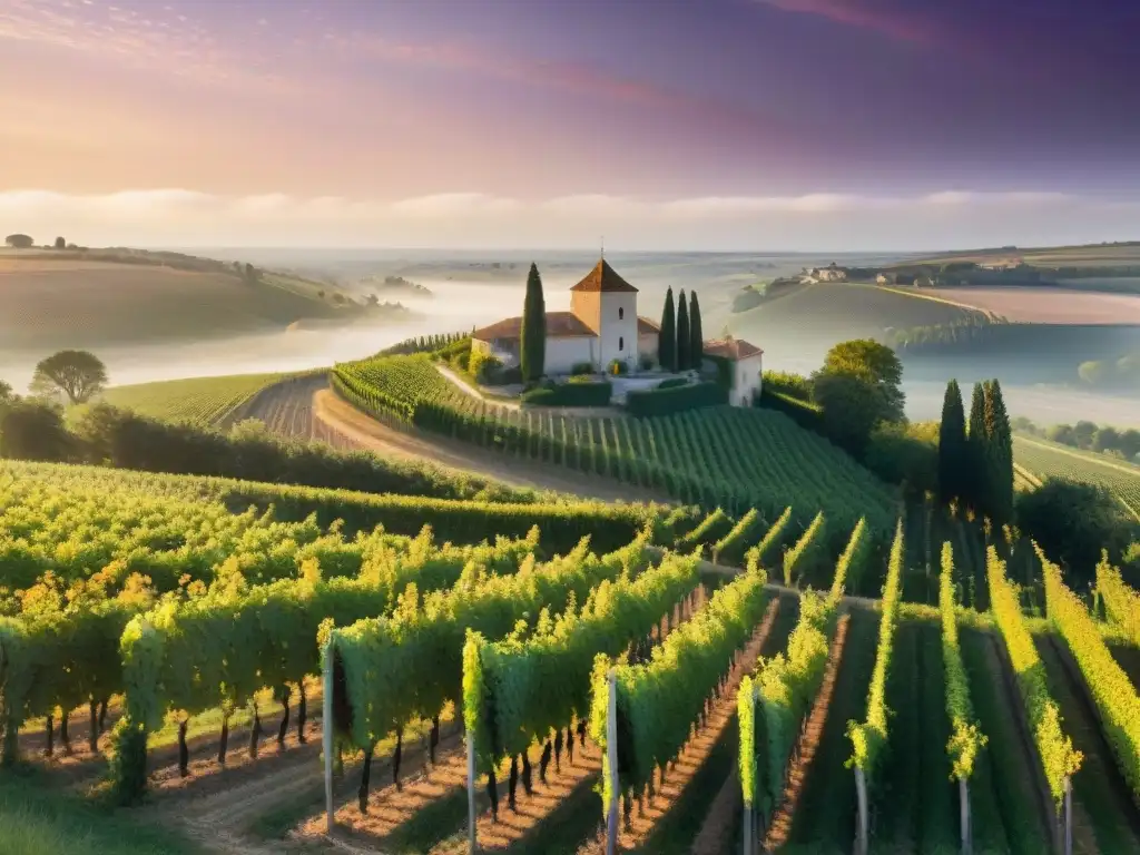 Vinedos dorados al atardecer en Sauternes, Francia Atardecer dorado sobre viñedos de Sauternes, Francia, reflejando la belleza de los vinos dulces de Francia