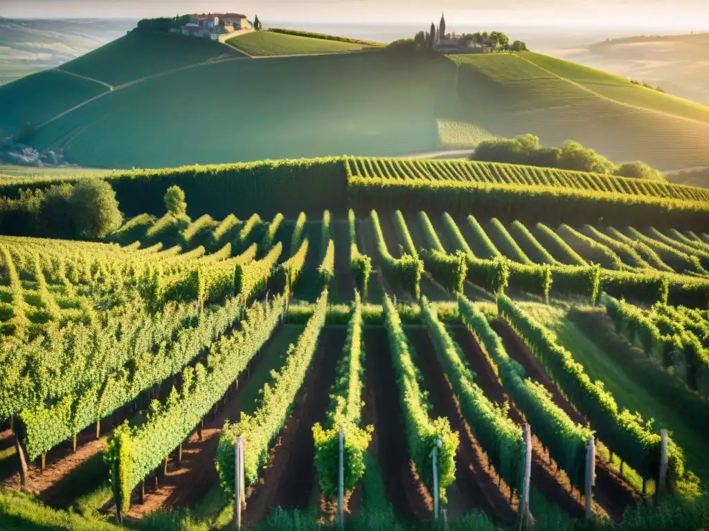 Atardecer dorado en Borgoña: viñedos, trabajador cuidando las uvas