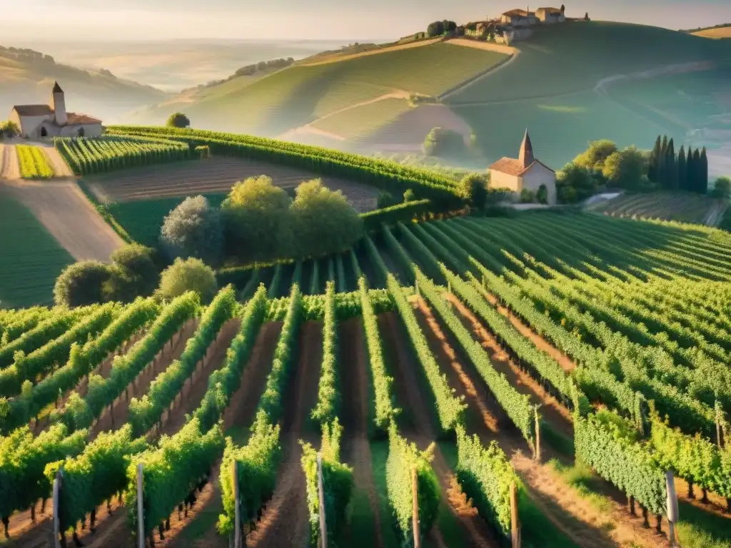 Un atardecer dorado ilumina viñedos verdes en colinas francesas, donde agricultores cuidan uvas con amor