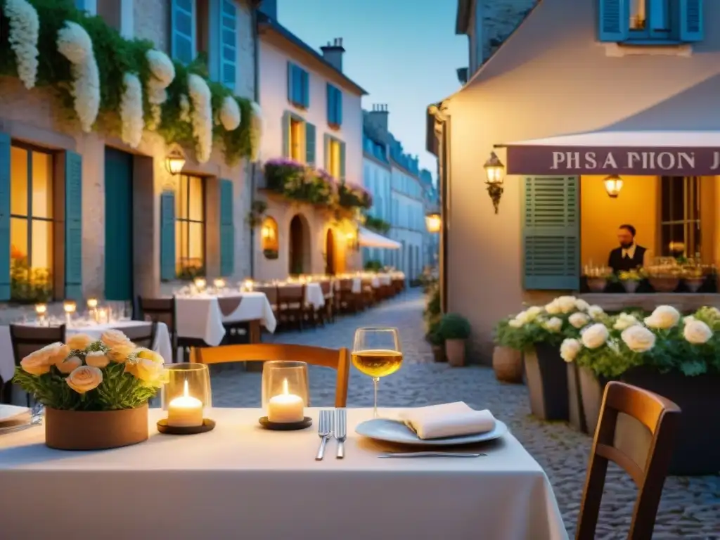 Atardecer en un encantador pueblo francés con restaurantes estrella Michelin y mesas al aire libre