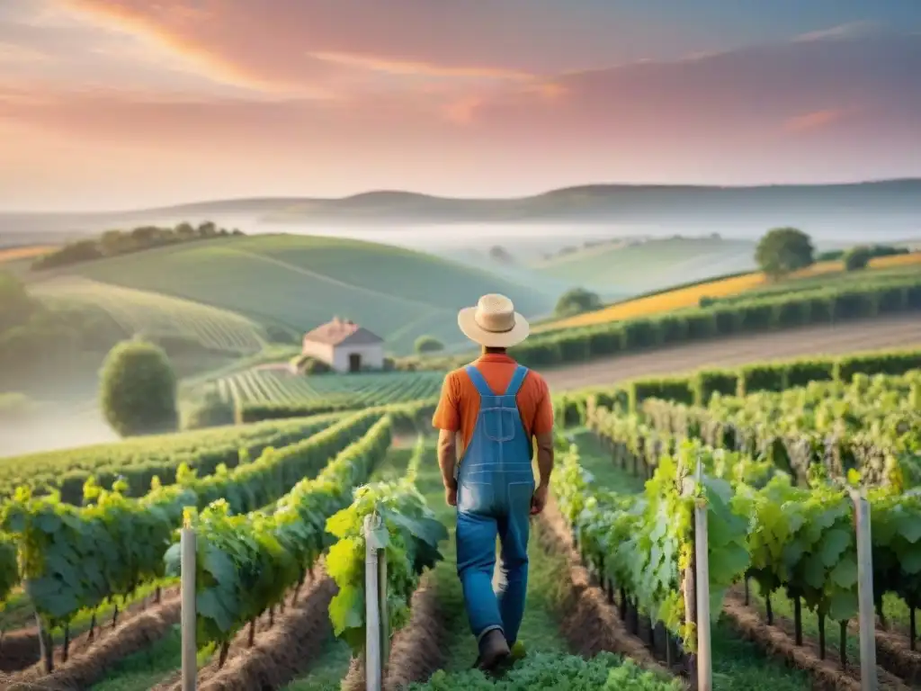 Un atardecer idílico en la campiña francesa, con viñedos verdes bajo un cielo naranja y rosa