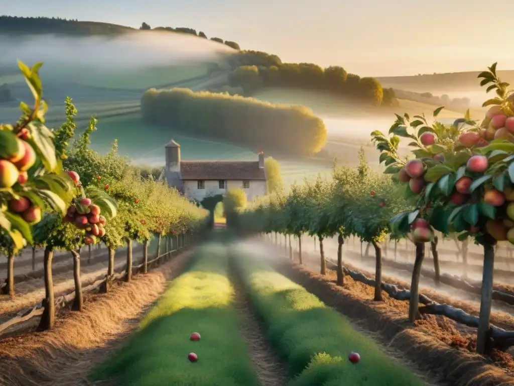 Un atardecer en un idílico campo francés con manzanos cargados de fruta, y una bodega de sidra al fondo