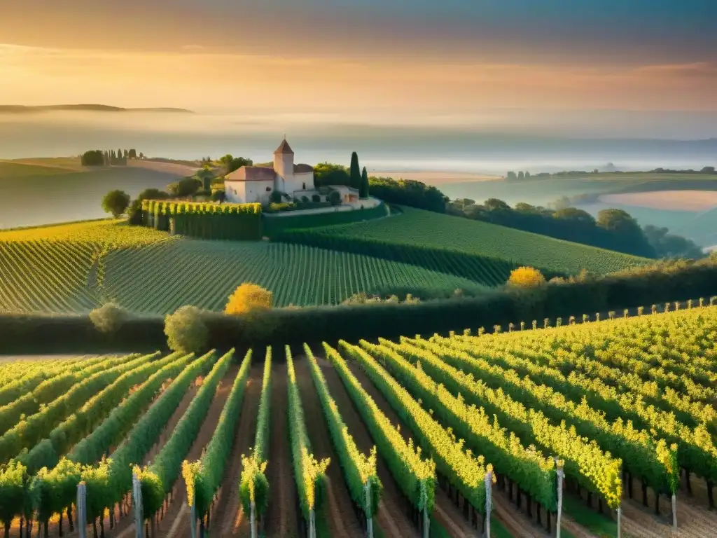 Atardecer dorado en viñedos de Sauternes, Francia Un atardecer impresionante sobre los viñedos de Sauternes en Francia