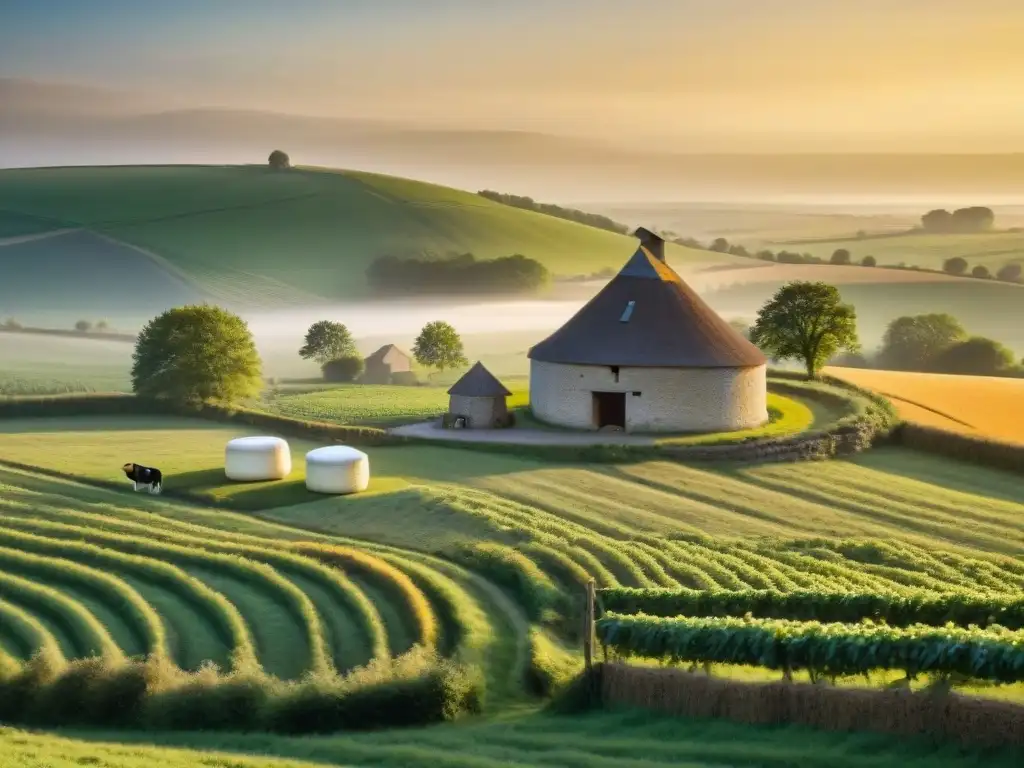 Atardecer mágico en una granja de queso en Normandía, con vacas pastando y un quesero elaborando Queso Pont l'Évêque