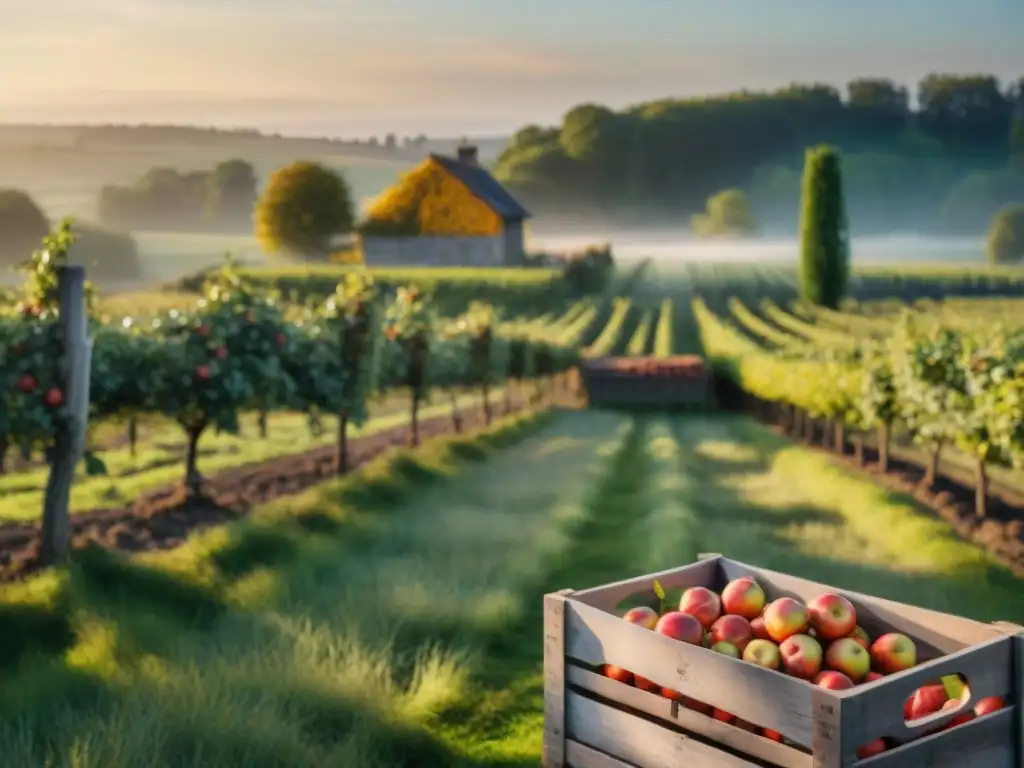 Un atardecer mágico en un huerto de manzanas francés, destacando la belleza de la sidra