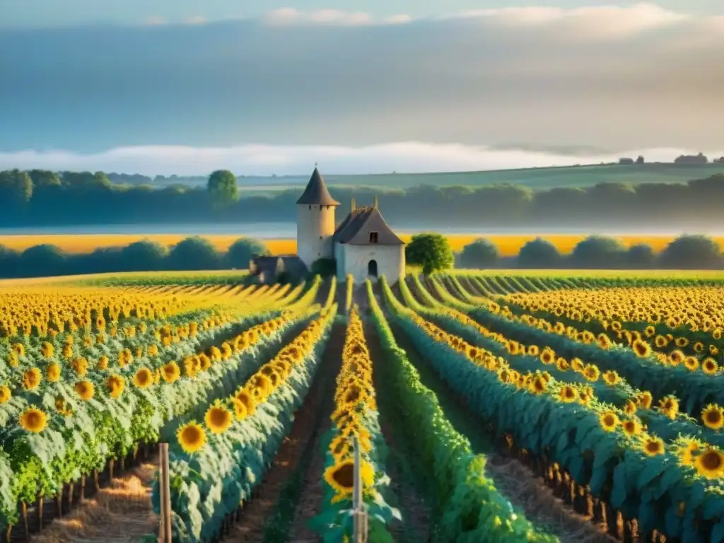 Un atardecer mágico en un huerto del Valle del Loira, con manzanos cargados de frutas y girasoles, y al fondo, un castillo histórico