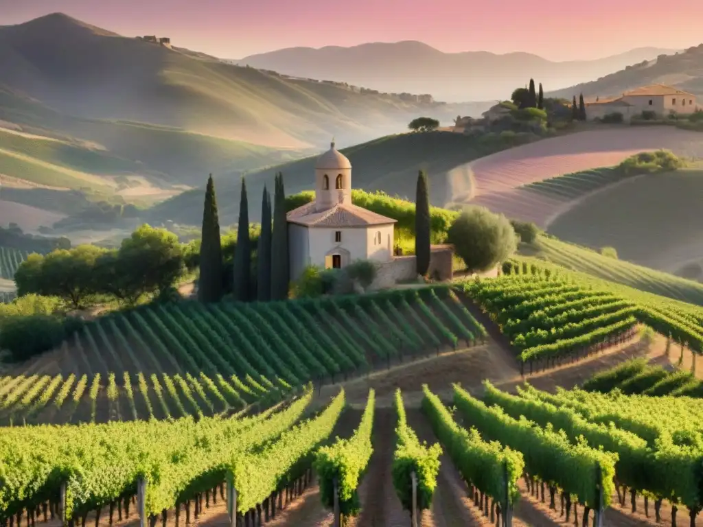 Un atardecer mágico en la Ruta del Rosé en Provenza: viñedos exuberantes, uvas rosadas y un château francés al fondo