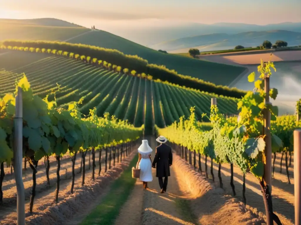 Un atardecer mágico en viñedo de la Ruta del Rosé en Provenza, con vendimiadores seleccionando uvas rosadas