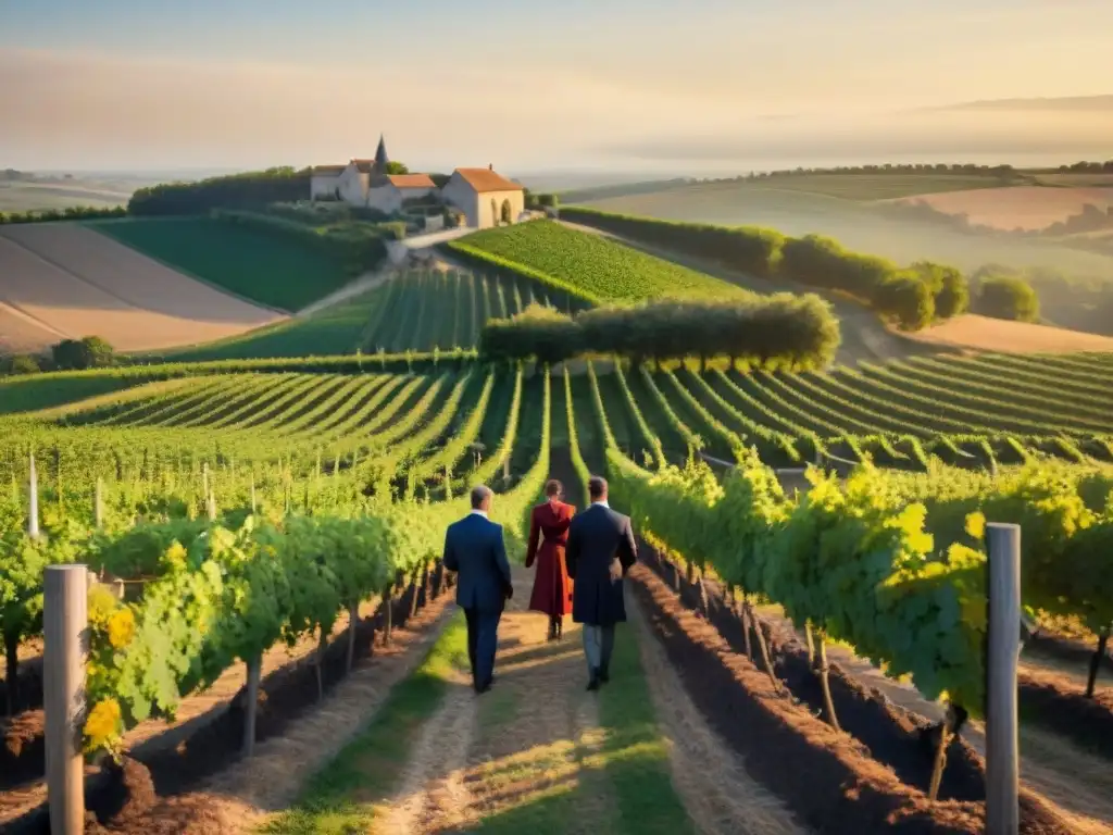 Un atardecer mágico en un viñedo francés con sommeliers disfrutando de una cata bajo un roble centenario