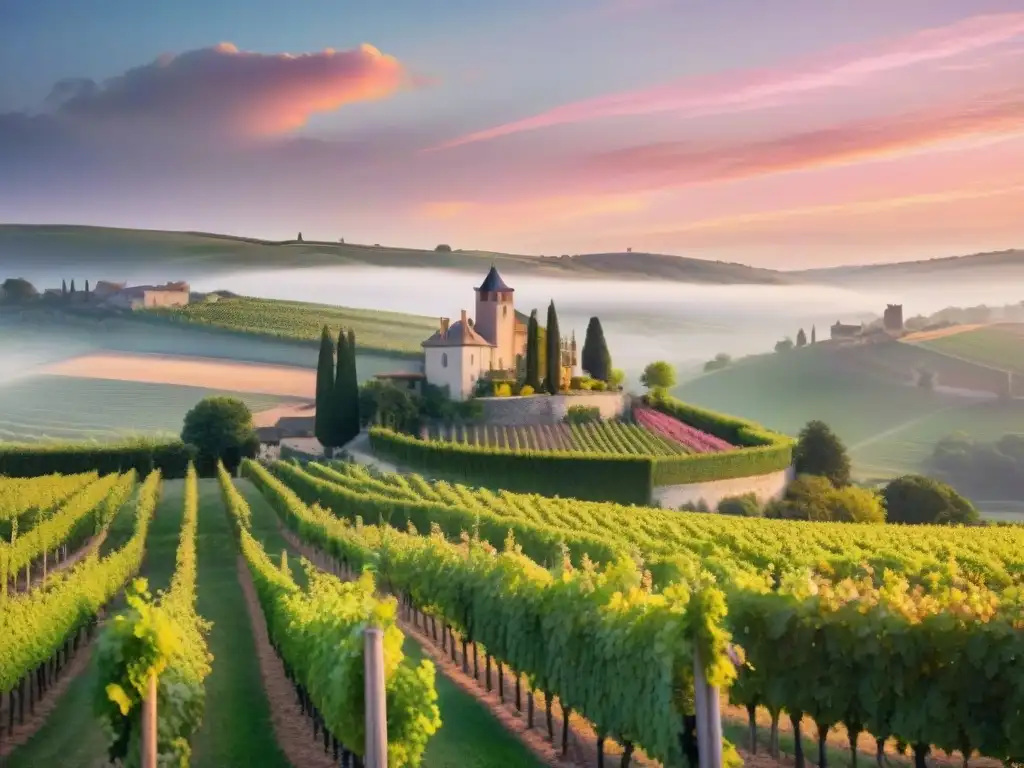 Un atardecer mágico en un viñedo francés con vides repletas de uvas rosadas