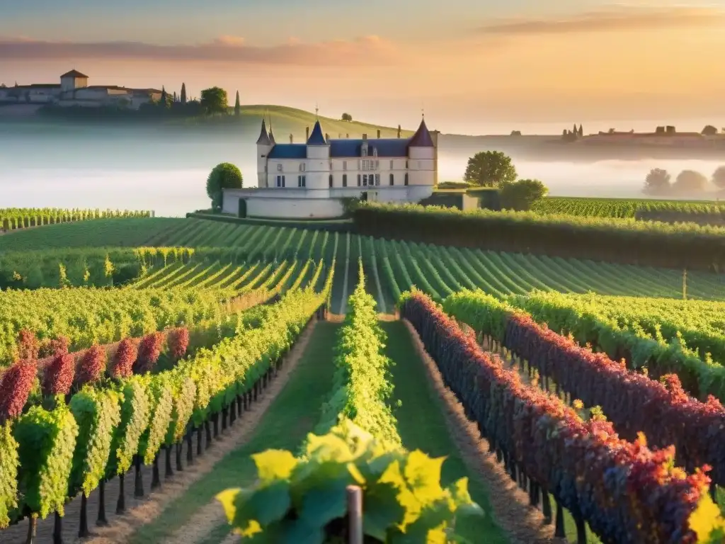 Un atardecer mágico en los viñedos de Burdeos, con hileras de vides verdes y un encantador château francés