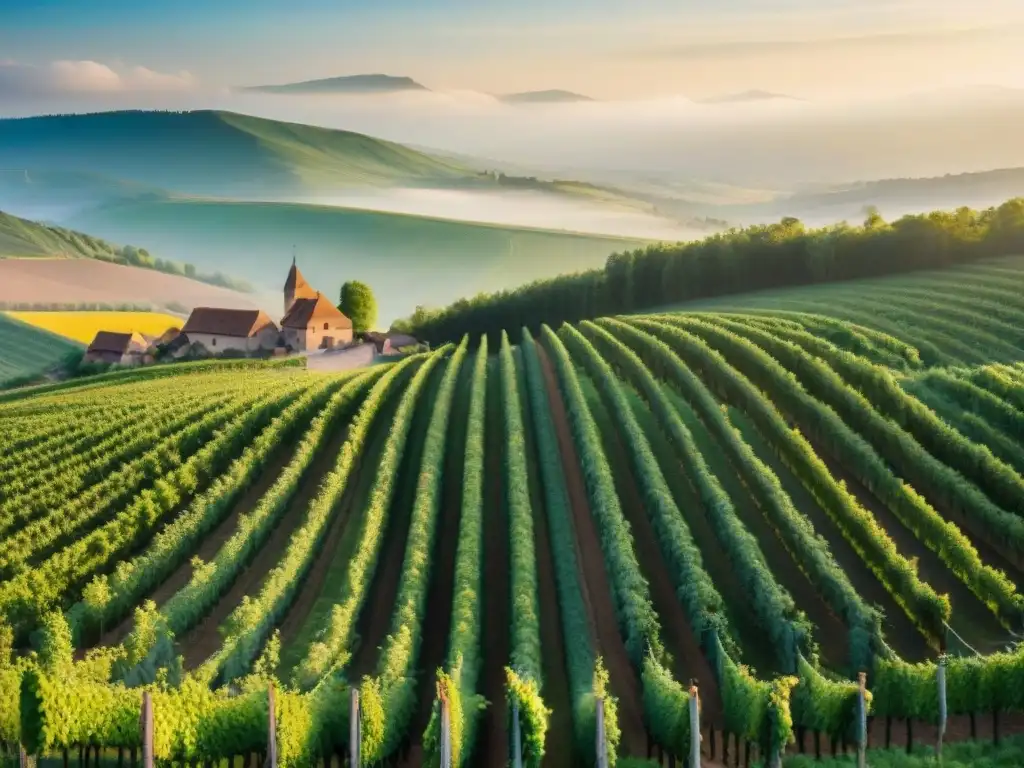 Un atardecer mágico en los viñedos de Auxerrois en Alsacia, Francia, mostrando filas de vides verdes bajo el sol