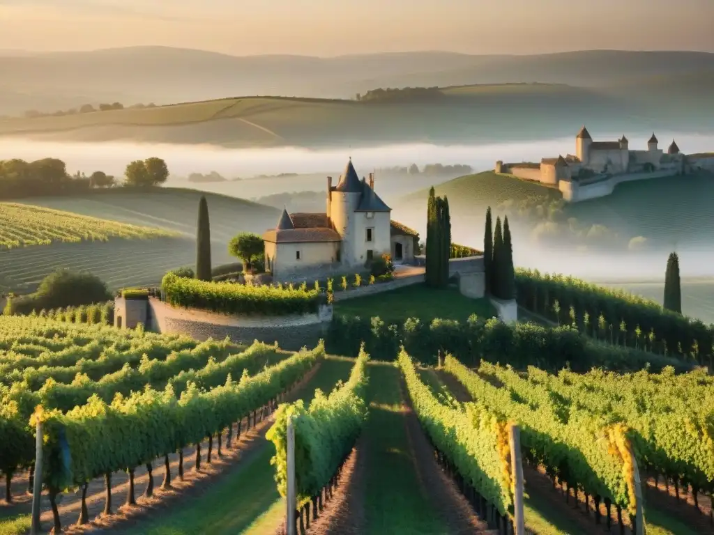 Viñedo francés al atardecer: tradición y misterio Atardecer misterioso en viñedo francés con viñas y château iluminado
