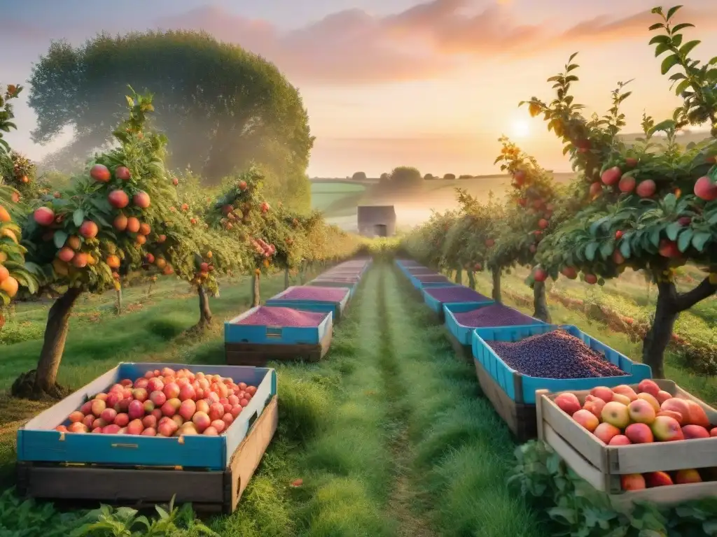 Un atardecer vibrante en un hermoso huerto de manzanas en Normandía, con una prensa de sidra y fruta madura