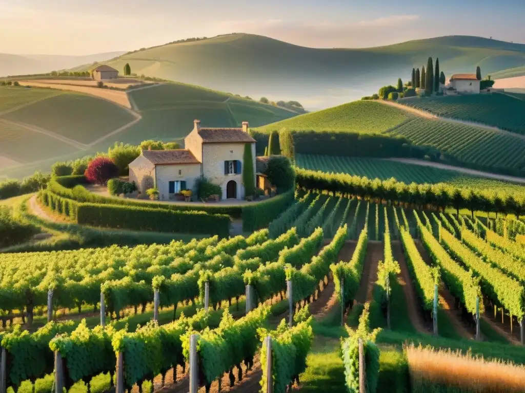 Un atardecer vibrante ilumina un pintoresco viñedo en la campiña francesa, mostrando filas de uvas maduras