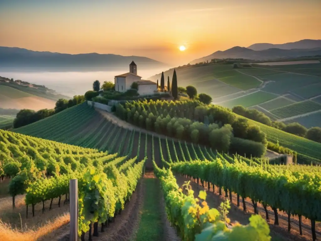 Un atardecer vibrante en los viñedos de la región vinícola francesa del Valle del Ródano