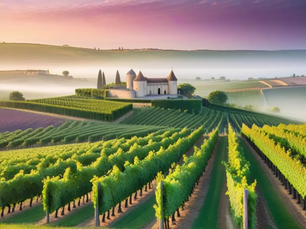 Atardecer vibrante sobre viñedos ordenados en Burdeos, Francia