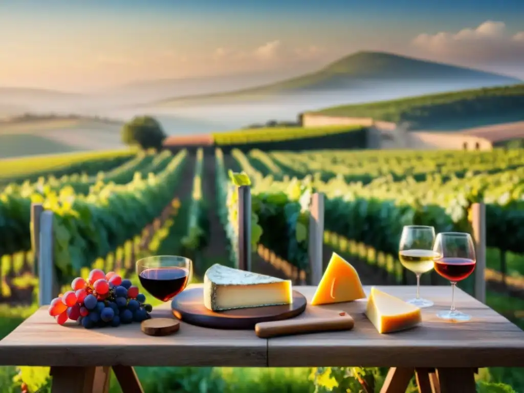 Un atardecer en viñedo francés con mesa de quesos y vinos