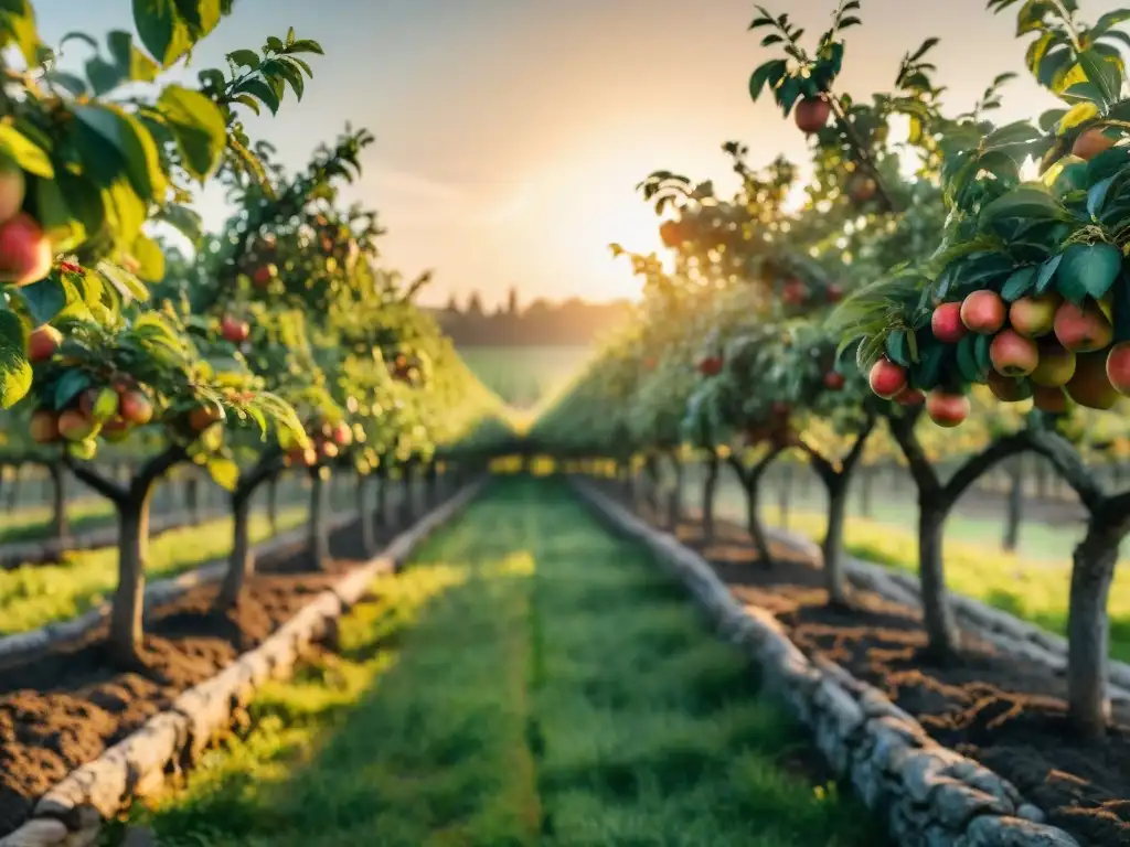 Atardecer en un viñedo de sidra francés con manzanos cargados de fruta madura y una casa de piedra al fondo