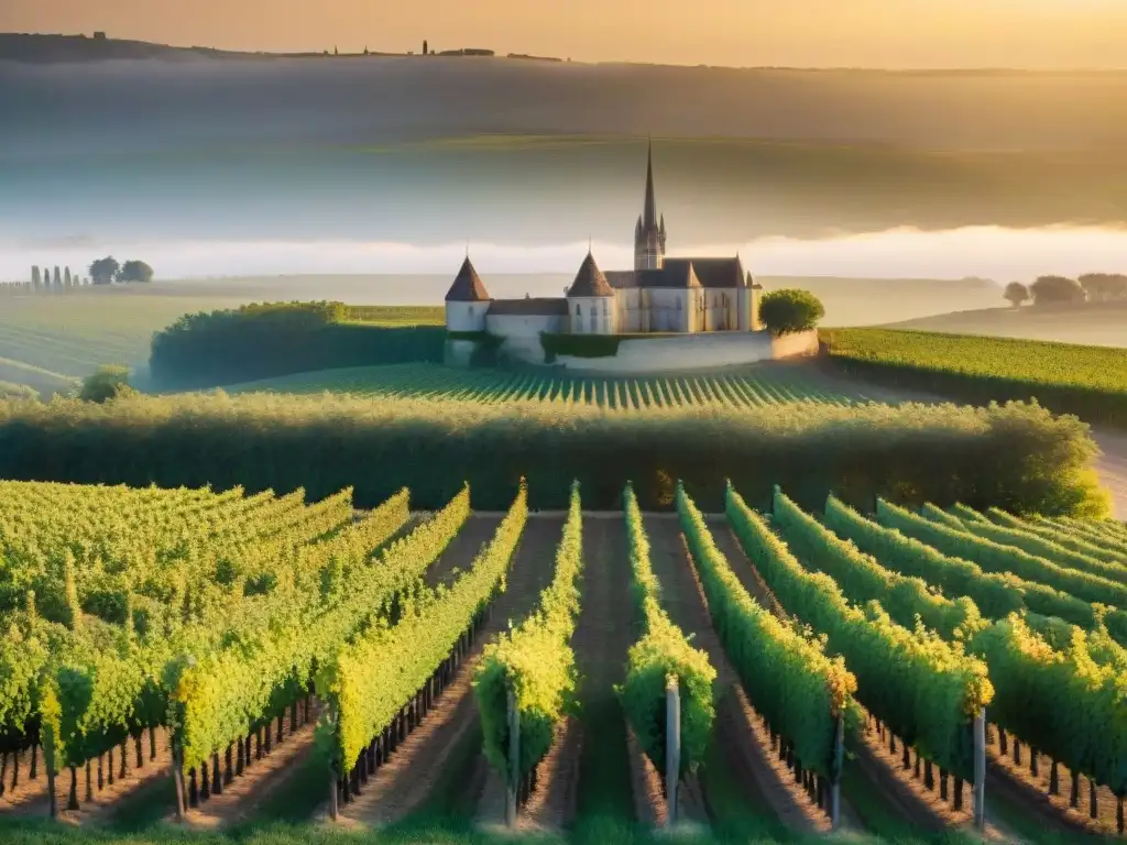 Transformación vino francés gastronomía: Atardecer en viñedos de Bordeaux, con cálida luz dorada sobre paisaje tranquilo y tradicional