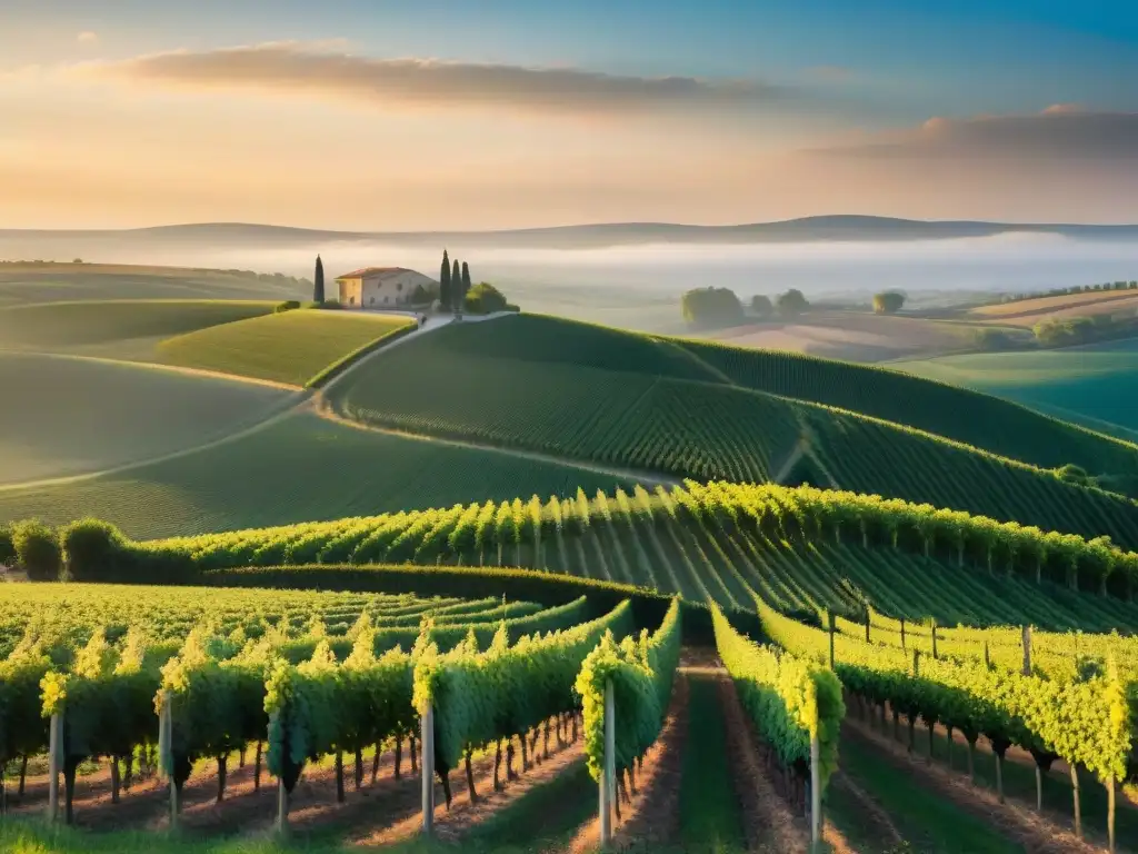 Un atardecer en viñedos de Champagne Francia, donde la luz dorada baña el paisaje en serenidad