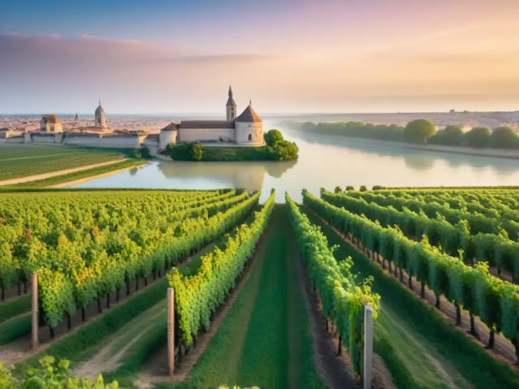 Atardecer en viñedos de Burdeos, reflejo de colores del cielo en el río Garona, con châteaux franceses y vendimiadores