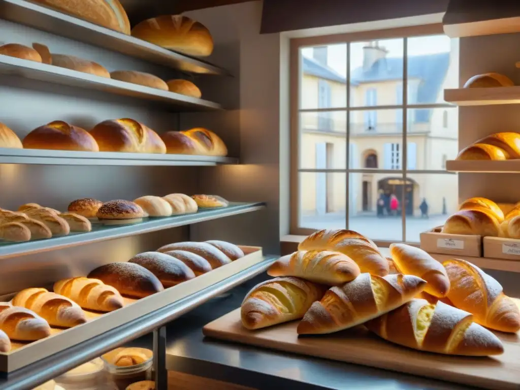 Atmósfera acogedora en panadería francesa con variedad de panes tradicionales en estantes de madera, panadero en segundo plano