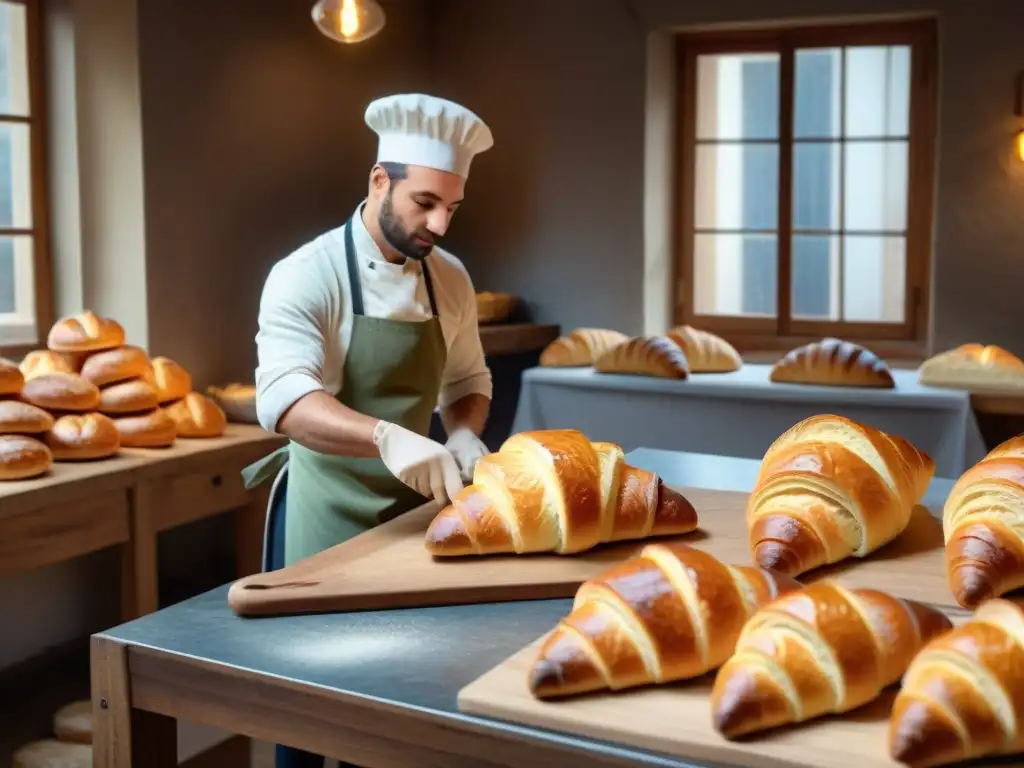 Atmósfera acogedora en un taller de panadería francesa con un panadero experto formando croissants a mano