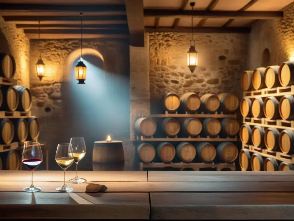 Atmósfera de bodega francesa con barriles de vino, iluminada por linternas, lista para degustaciones de vino francés perfectas