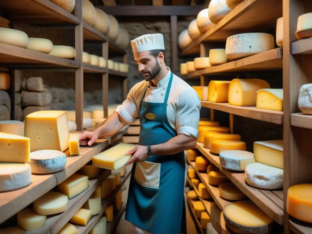 Atmósfera cálida de una bodega de quesos francesa con variedad de quesos en estantes de madera