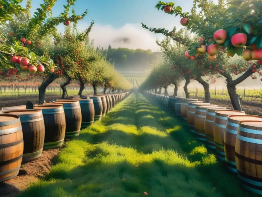 Atmósfera de un festival de sidra en Francia: huertos de manzanos en flor, barriles de sidra y una casa de piedra rústica