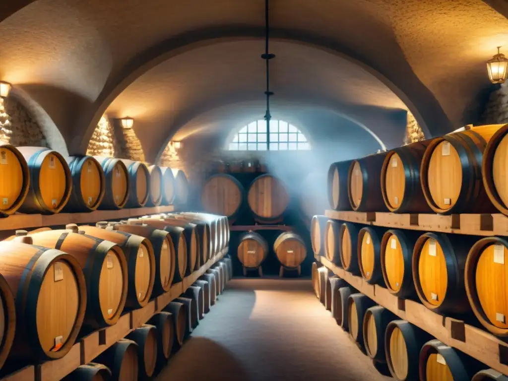 Atmósfera mágica en bodega francesa con barricas de roble para crianza de vinos blancos