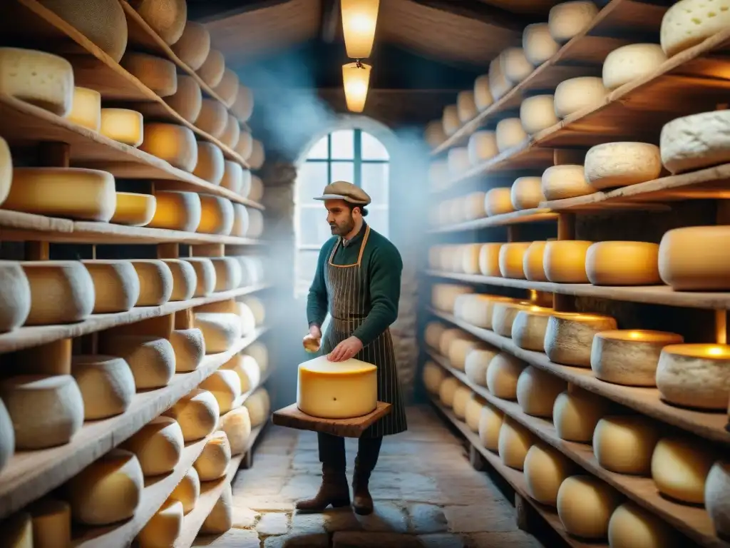 Atmósfera misteriosa en bodega de quesos franceses, destacando ruedas de queso en estantes de madera iluminados