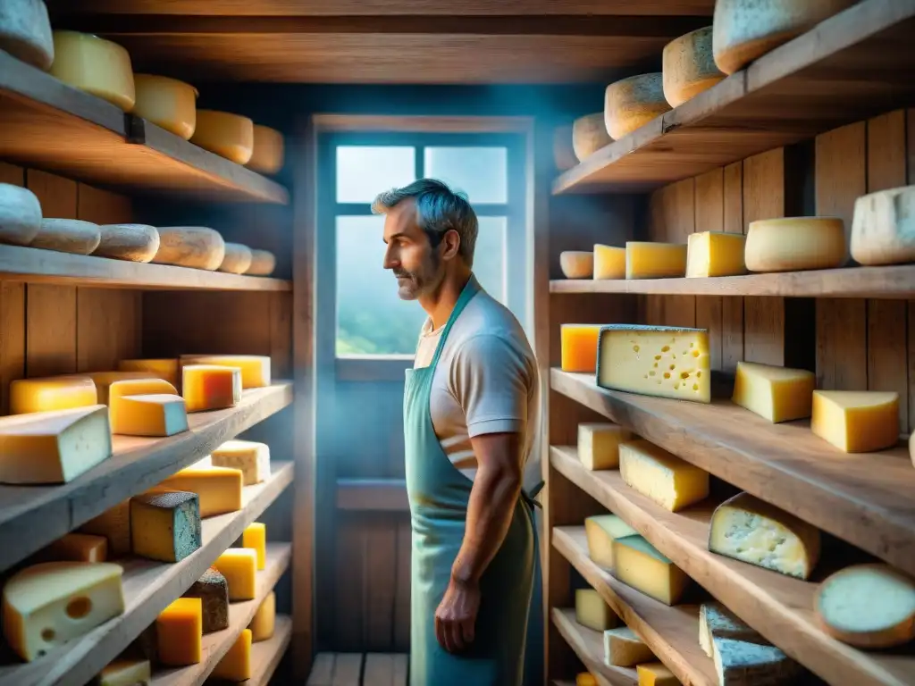 Una atmósfera nostálgica y artesanal en una bodega de quesos franceses, resaltando la historia cultural gastronómica