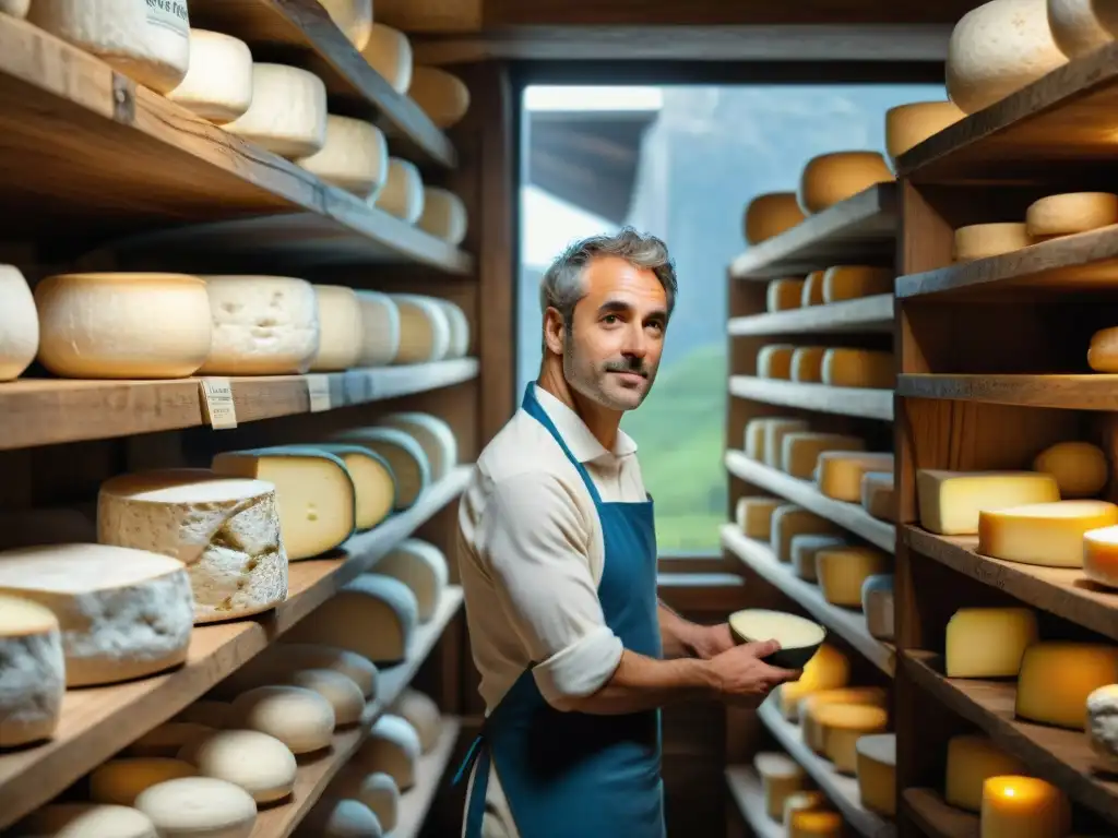 Atmósfera nostálgica de una bodega de quesos franceses centenaria con quesos envejecidos y un experto quesero