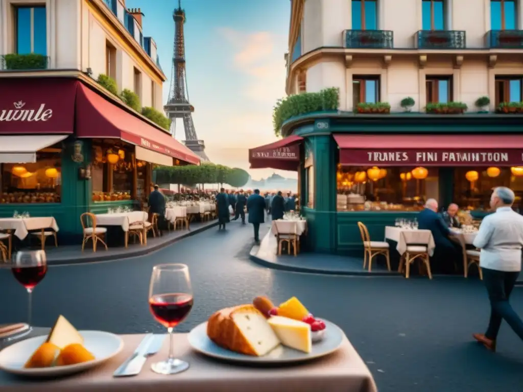 Atmósfera parisina en un bistró: clientes disfrutan vino y queso, chef en delantal blanco, Torre Eiffel al fondo