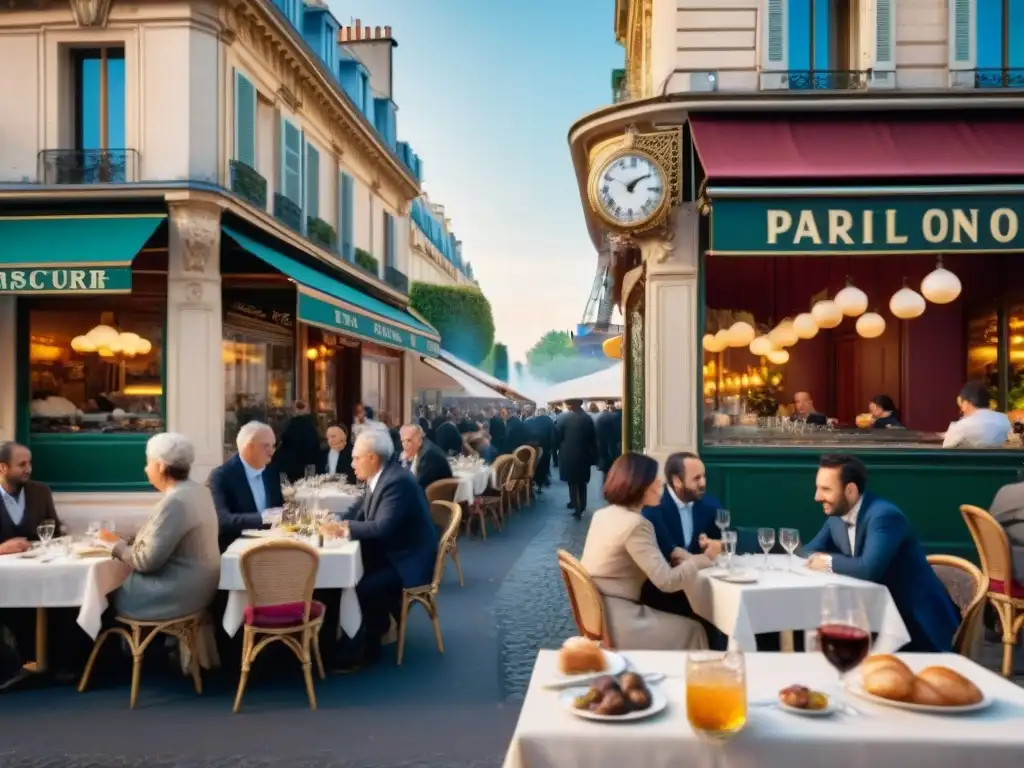 Atmósfera parisina en un café histórico con elegantes comensales disfrutando de platillos franceses