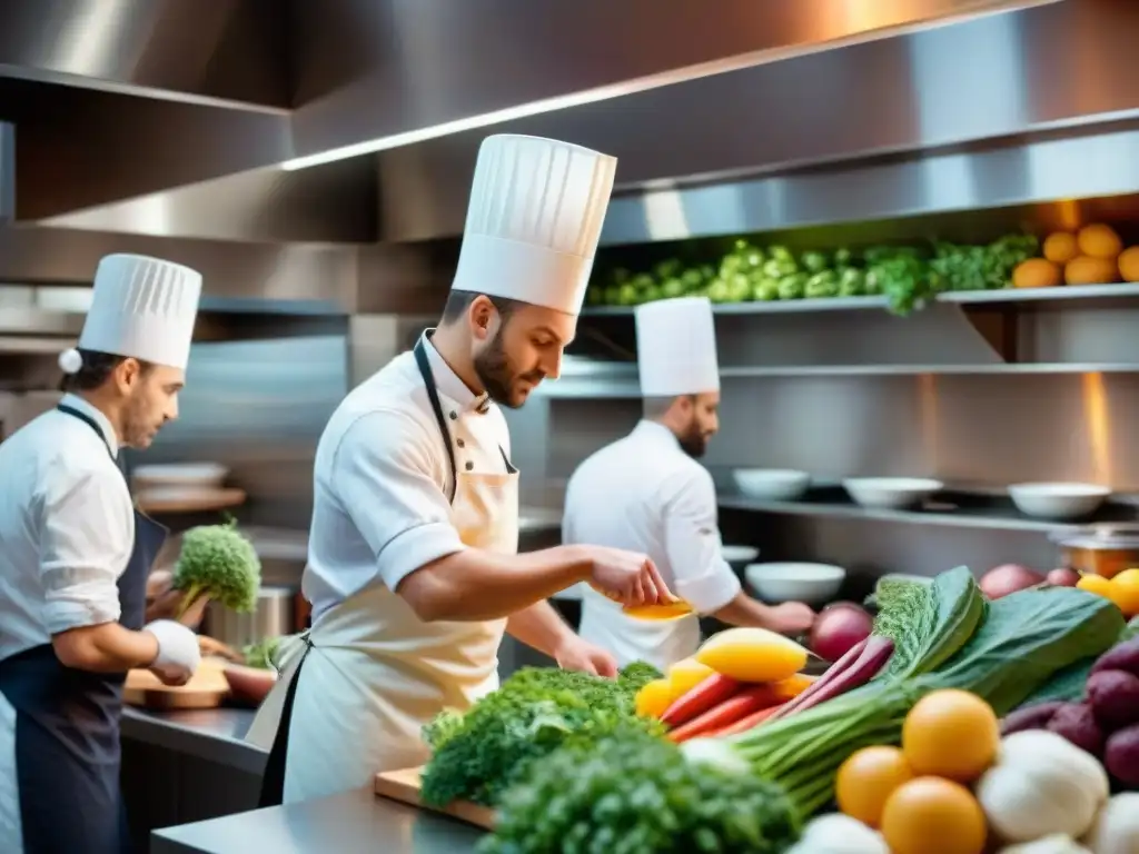 Atmósfera vibrante de una cocina de bistró francés, chefs preparando platos con ingredientes sostenibles