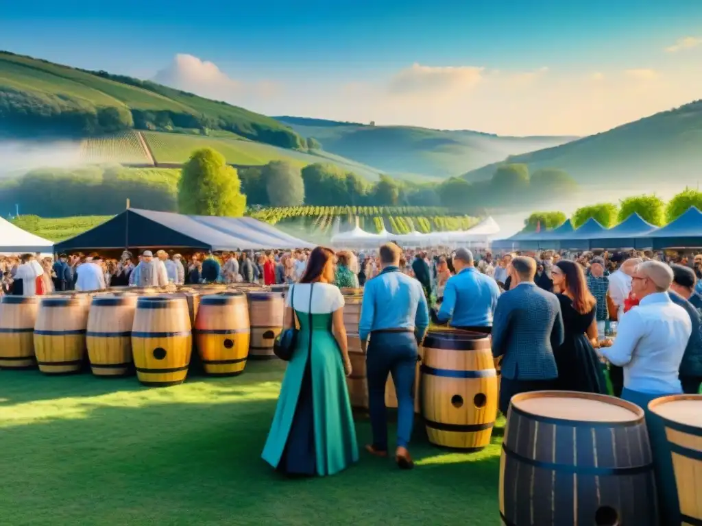 Atmósfera vibrante en festival de sidra francés: barriles, colinas verdes y gente disfrutando de la tradición e innovación