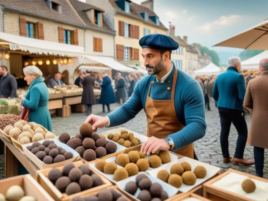 Atmósfera vibrante de un festival de trufas en un mercado al aire libre en un pueblo francés, con puestos de madera rústica y productos frescos