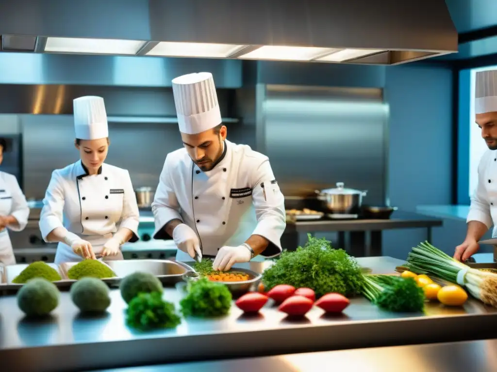 Un aula de prestigiosa escuela culinaria francesa, estudiantes concentrados preparando platos bajo la mirada del chef instructor