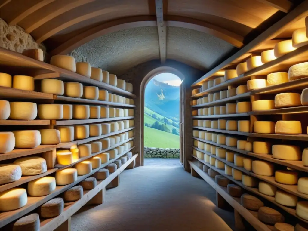 Un auténtico sabor rústico: bodega de queso Tomme de Savoie en los Alpes franceses, con quesos envejeciendo en estantes de madera