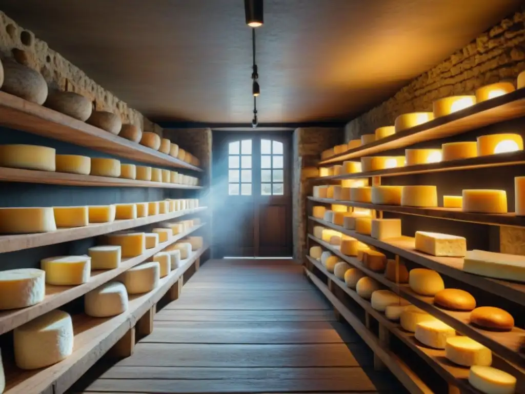 Un auténtico tesoro gastronómico: bodega de queso de cabra Pélardon con rústicas estanterías de madera cargadas de quesos