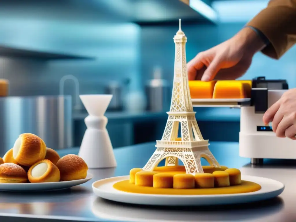 Avanzada impresora 3D crea Torre Eiffel de pastelería francesa en cocina parisina, simbolizando innovación culinaria gastronomía francesa