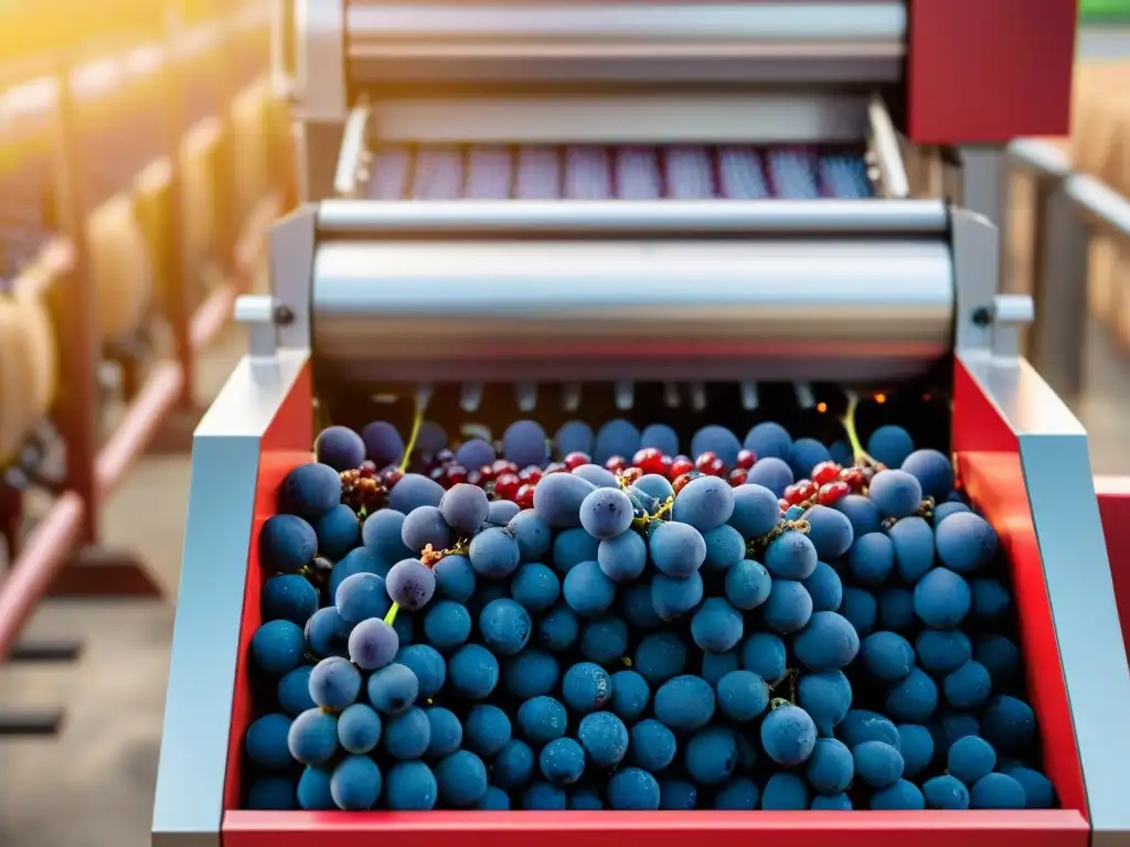 Avanzada máquina francesa ordena uvas en bodega moderna