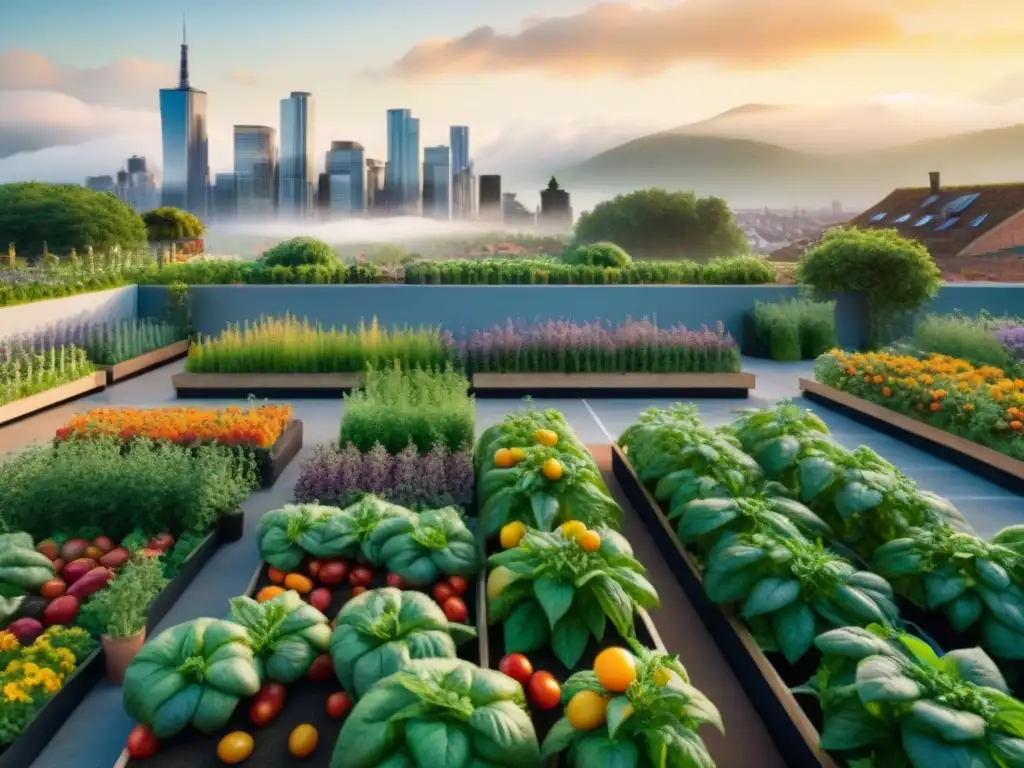 Un jardín en la azotea de un restaurante ecofriendly francés, con tomates, albahaca y flores comestibles bajo el cálido sol de la tarde