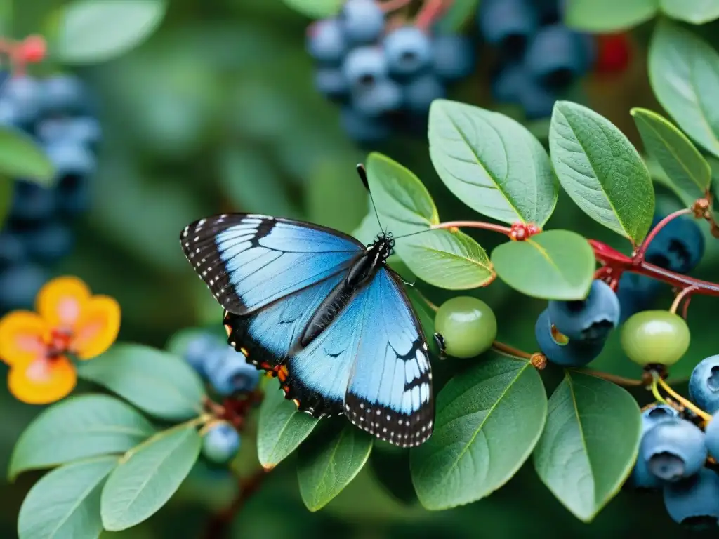 Mariposa azul sobre arándanos maduros: un festín de color en la comida