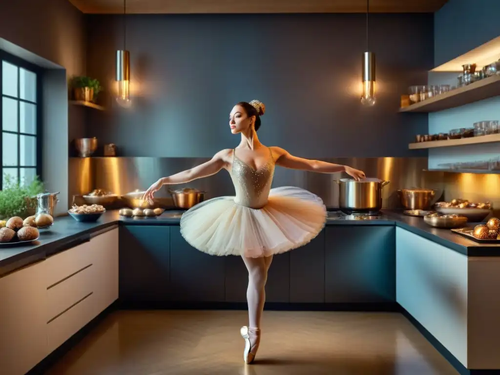 Una bailarina de ballet ejecutando un grand jeté en una lujosa cocina francesa, fusionando elegancia y sabores gourmet