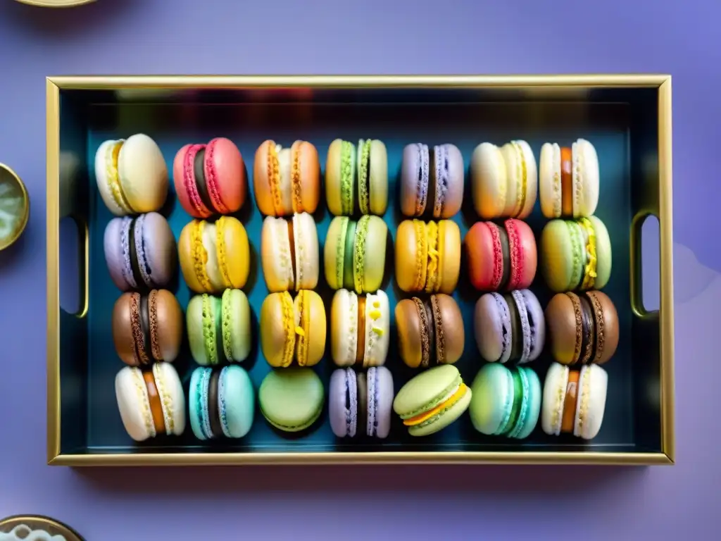 Una bandeja de macarons franceses con combinaciones innovadoras en colores vibrantes, presentados con elegancia