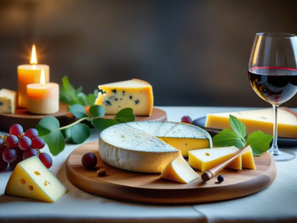 Un banquete elegante de maridaje vinos quesos franceses cena: armonía de sabores y texturas en una mesa exquisitamente decorada